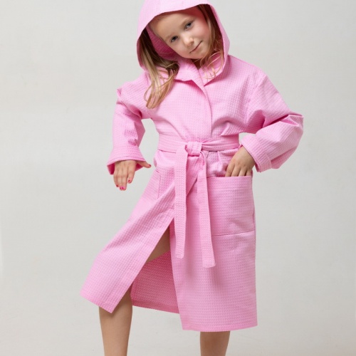 Детский вафельный халат с капюшоном (Светло-розовый)